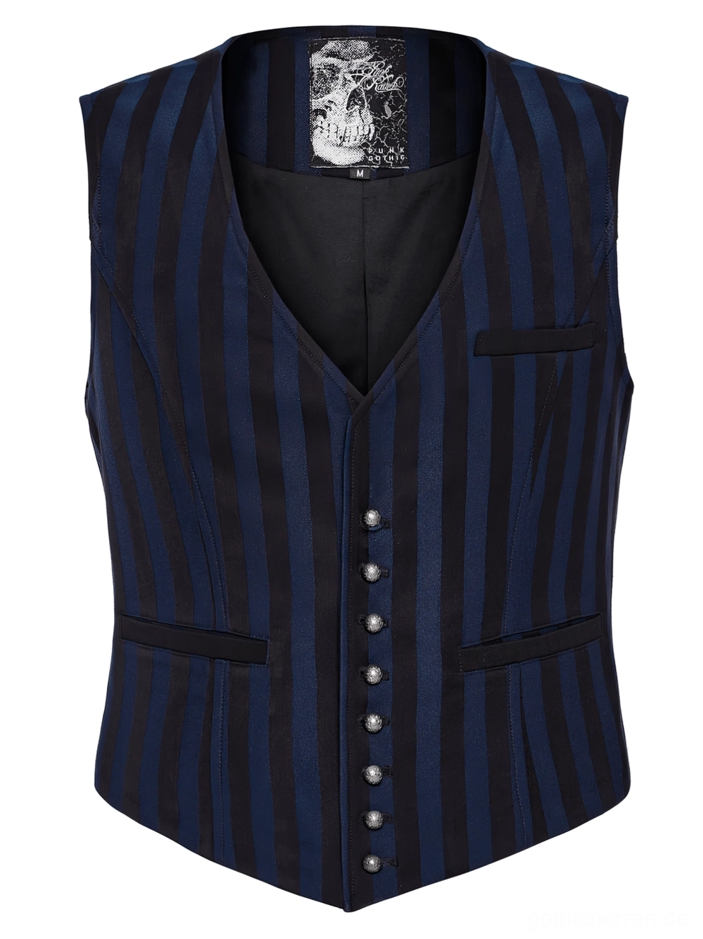 Schwarze Marine-Striped Gothic Weste Vorderseite flach – zeigt V-Ausschnitt und Welted Pocket Design mit geschnitzten Knöpfen