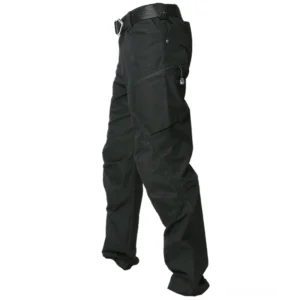 Schwarze Gothic Tactical Cargohose Rückansicht mit Multi-Pocket-Design verstärkten Nähten und taktischen Gürtelbefestigungen Dark Aesthetic Workwear Hose