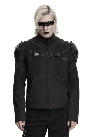 Schwarze Gothic Tactical Jacke mit abnehmbaren Panzerpauldrons – Frontansicht auf Model – Dark Mode Cyberpunk Fashion