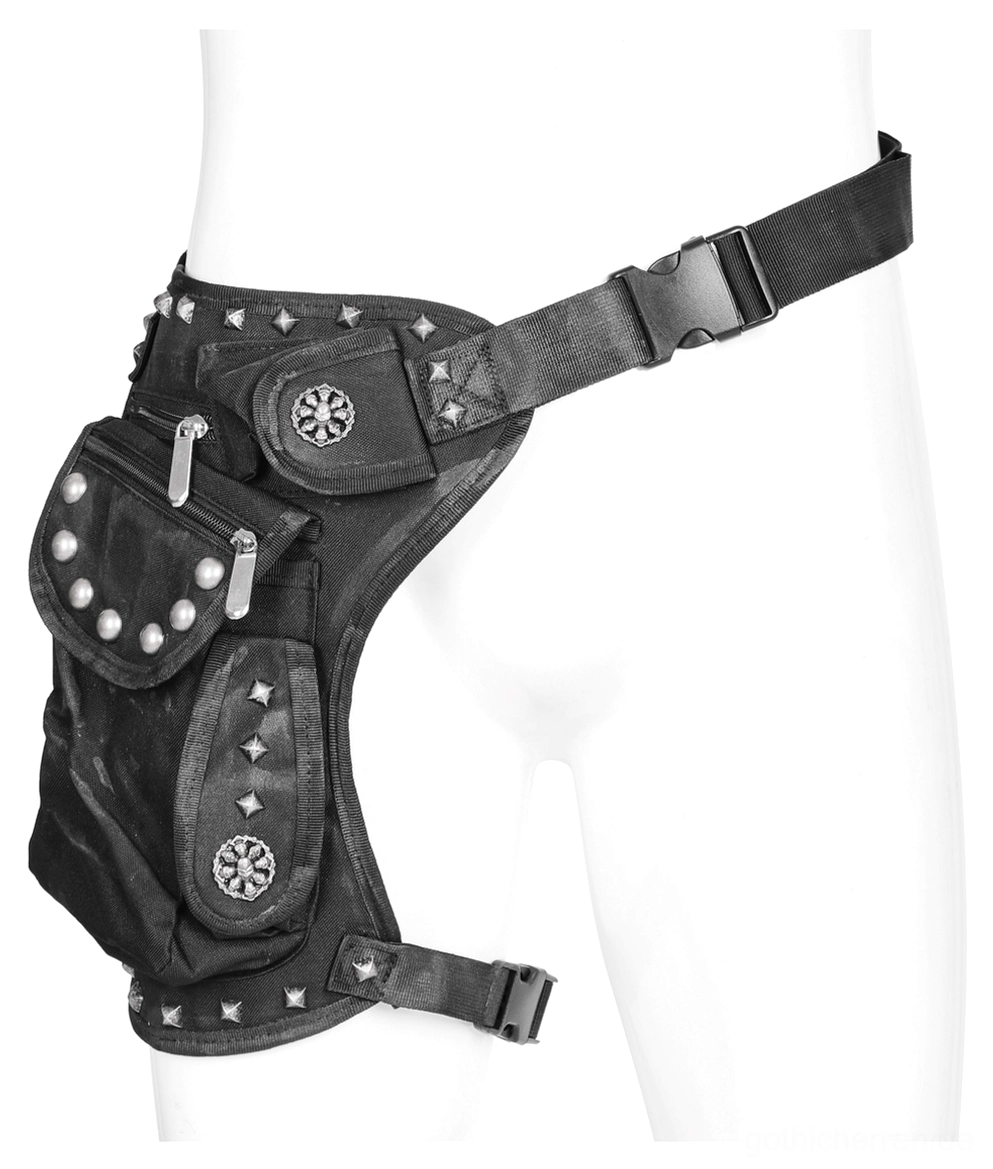 Schwarze Gothic taktische Schenkel-Tasche auf Mannequin Vorderansicht mit Kreuz-Embleme, Reißverschlusstaschen und Metallnieten-Verzierungen