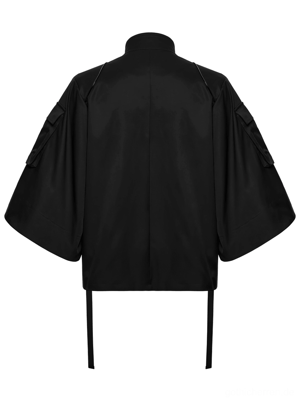 Rückseite der schwarzen Gothic Techwear Utility Jacke in Flachlage, offenbart charakteristische Fledermaus-Ärmelsilhouette und Rückenyoke-Konstruktion mit industriellem Design