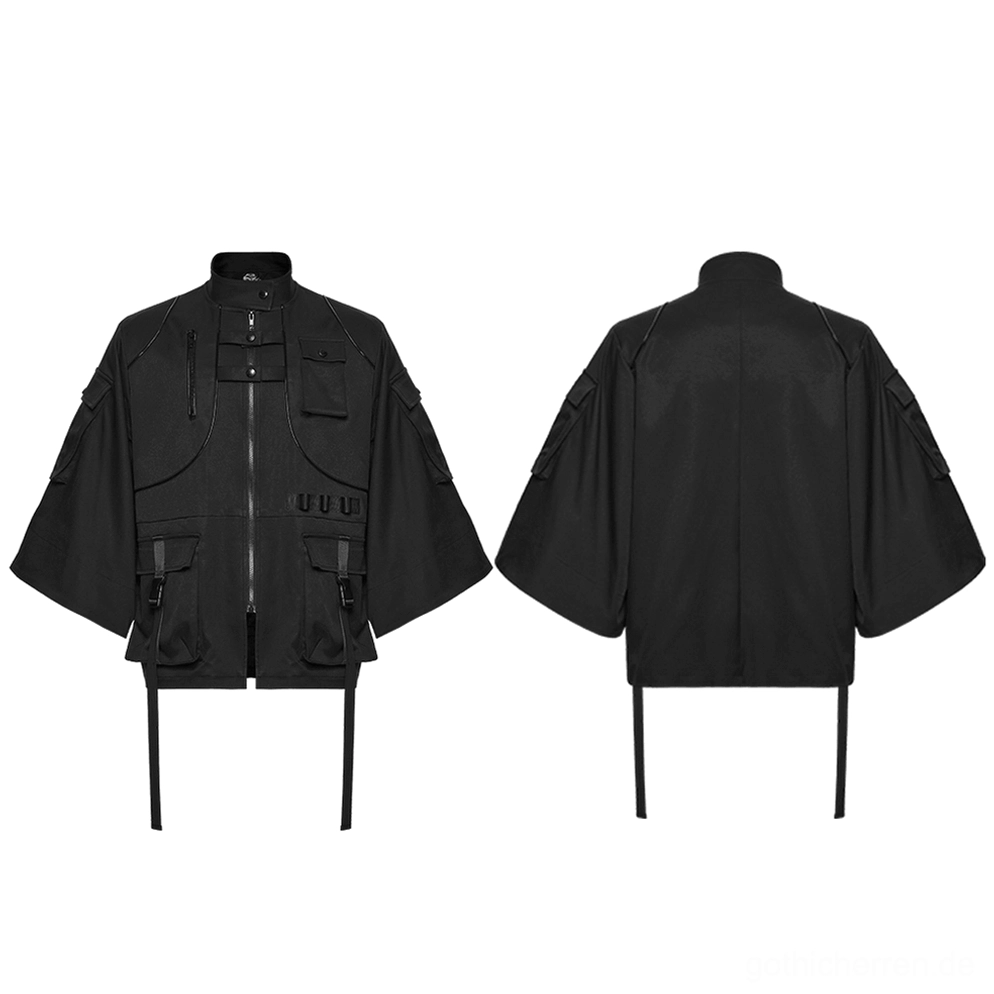 Vorder- und Rückansicht der schwarzen Gothic Techwear Utility Jacke in Flachlage, zeigt vollständige taktische Riemenführung und Cargo-Taschenlayout