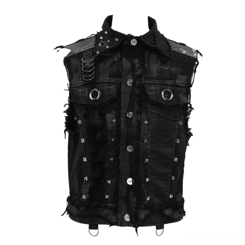 Schwarze ärmellose Gothic Weste mit D-Ringen Metallnieten und Pyramid Studs Details Flachlage Aufsicht auf weißem Hintergrund
