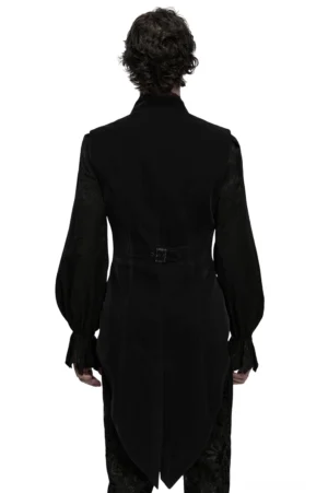 Schwarze Gothic-Weste Rückansicht mit gespaltenen Frackschößen und verstellbarem hinteren Taillen-Verschluss, Gothic-Anzugweste Rückseite
