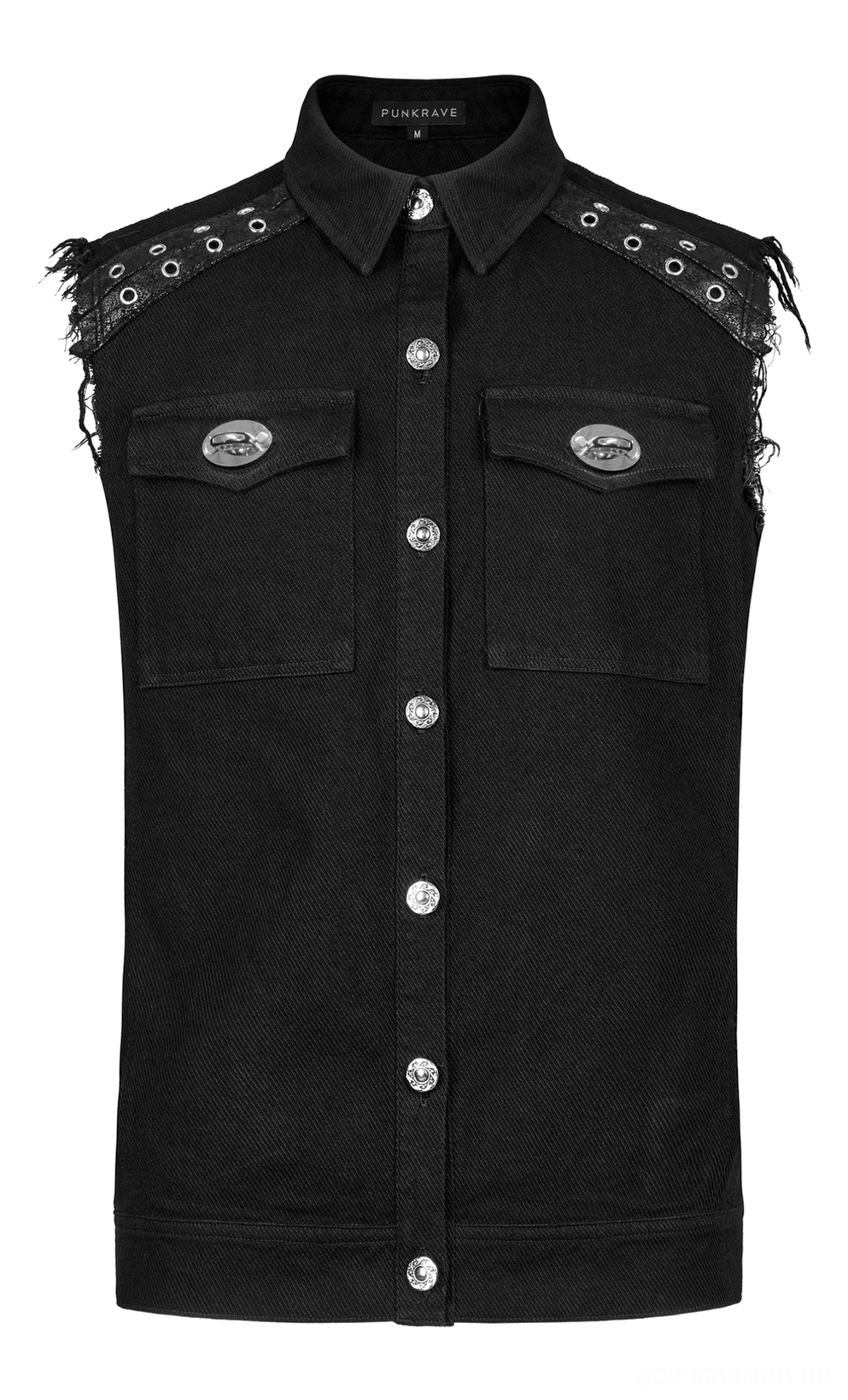 Front-Flat-Lay Detail der schwarzen Twill Gothic Weste zeigend Spitzenkragen, silberfarbene Metallknöpfe und Brusttasche mit Klappe, strukturierte Passform