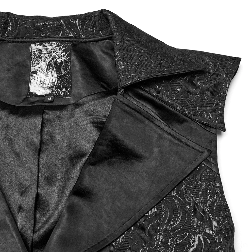 Nahaufnahme Schwarze Gothic Jacquard Weste Kragen mit Seidenauskleidung, gesticktem Jacquard-Kragenstoff, inneres Marken-Schädel-Etikett Detail
