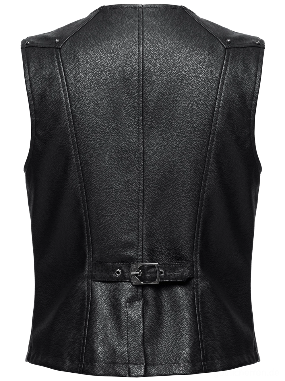 Schwarze Gothic Kunstleder-Anzugweste - Rückansicht Flat-Lay mit hinterer Taillenverstell-Metallschnalle und Nahtdetails