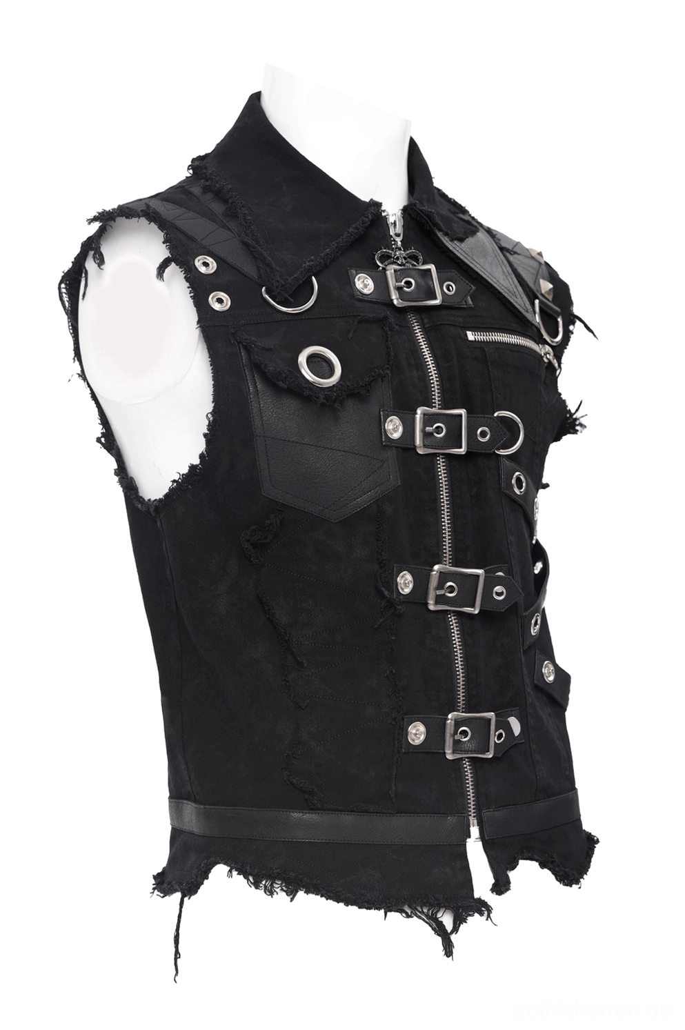 Schwarze Gothic Weste Reißverschluss Rechtsseite Ansicht Kunstledertrimm ausgefranster Saum Detail