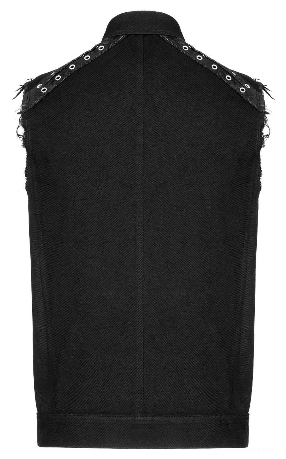 Rück-Flat-Lay der schwarzen Gothic Weste mit ausgefransten Schulter-Metallösen-Besatz, strukturiertem Rückenteil und sauberer Saumlinie