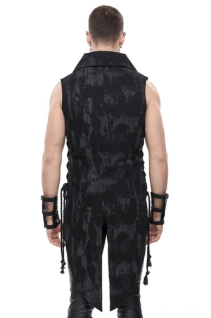 Schwarze Gothic Weste Rückansicht mit verlängertem Spitzsaum Seitenschnürdetails marmorierte Baumwolltwill-Textur alternative fashion