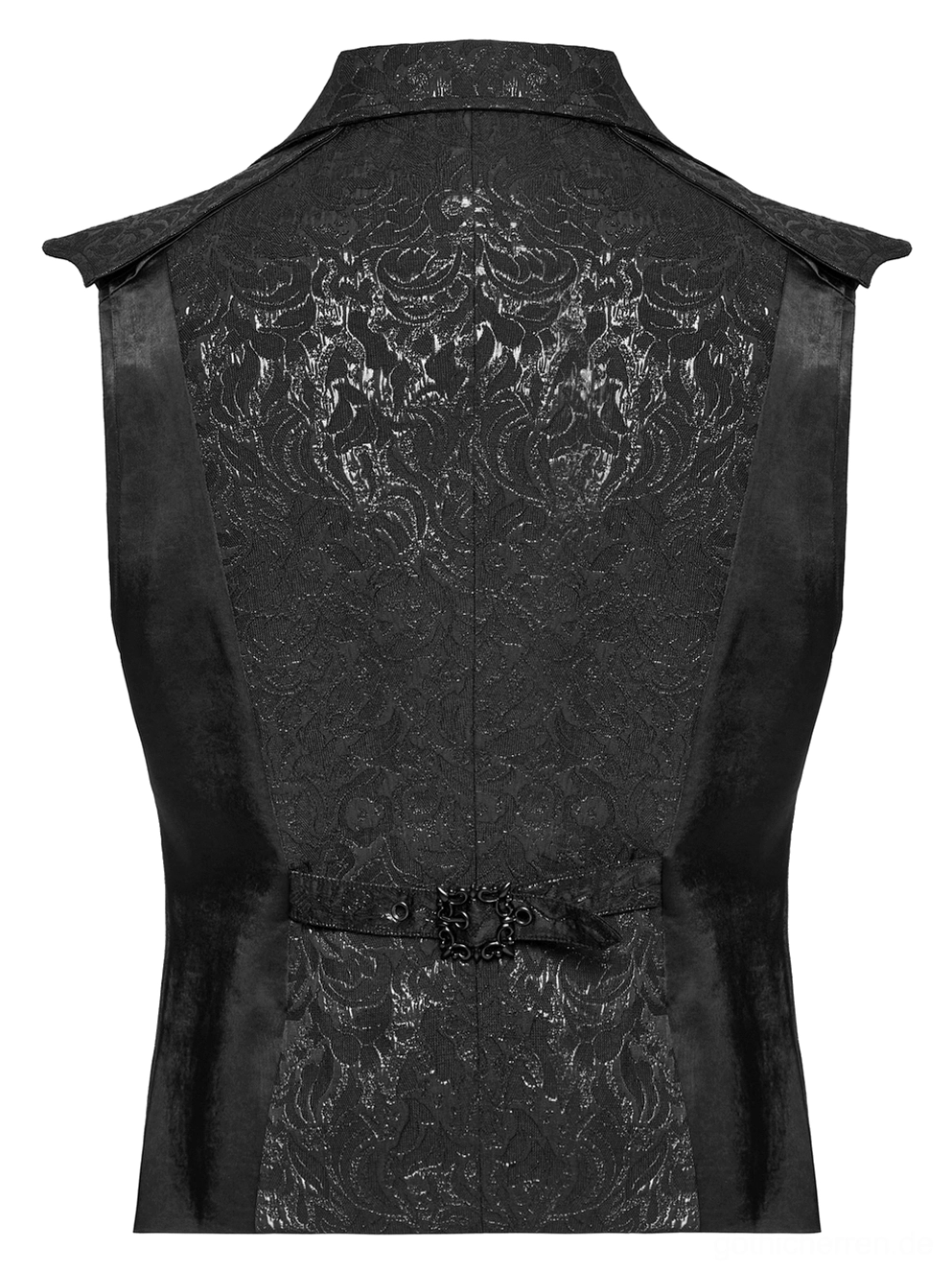 Schwarze Gothic Jacquard Weste Rückseite Flat-Lay mit vollständigem Jacquard-Rückenpaneel, Seidentaffeta-Seitenpaneel, dekorative Metall-Taillenschnalle