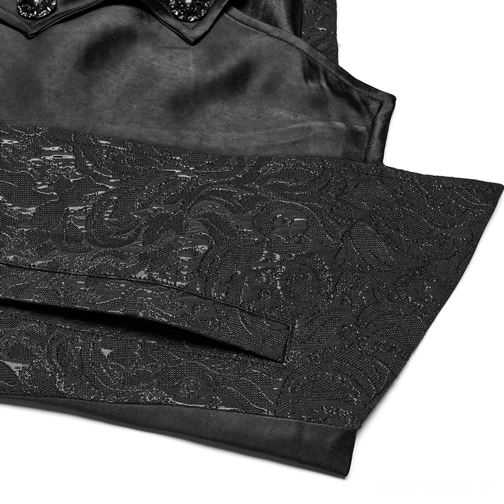 Nahaufnahme Schwarze Gothic Jacquard Weste Rückentaille mit dekorativer Metall-Schnalle, verstellbarer Verschluss, vollständige Jacquard-Paneelkonstruktion