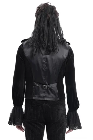 Schwarze Gothic Weste mit Satinrückenpanel und verstellbarem Taillenriemen Rückansicht