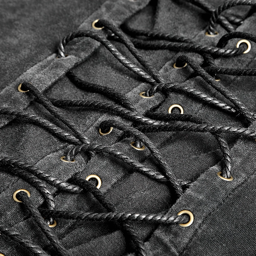 Makrofotografie schwarze Gothic Weste geflochtene Schnürkordel durch Metallösen, zeigt detaillierte Handwerkstechnik, präzise Schnürmechanismus, Hardware-Qualität