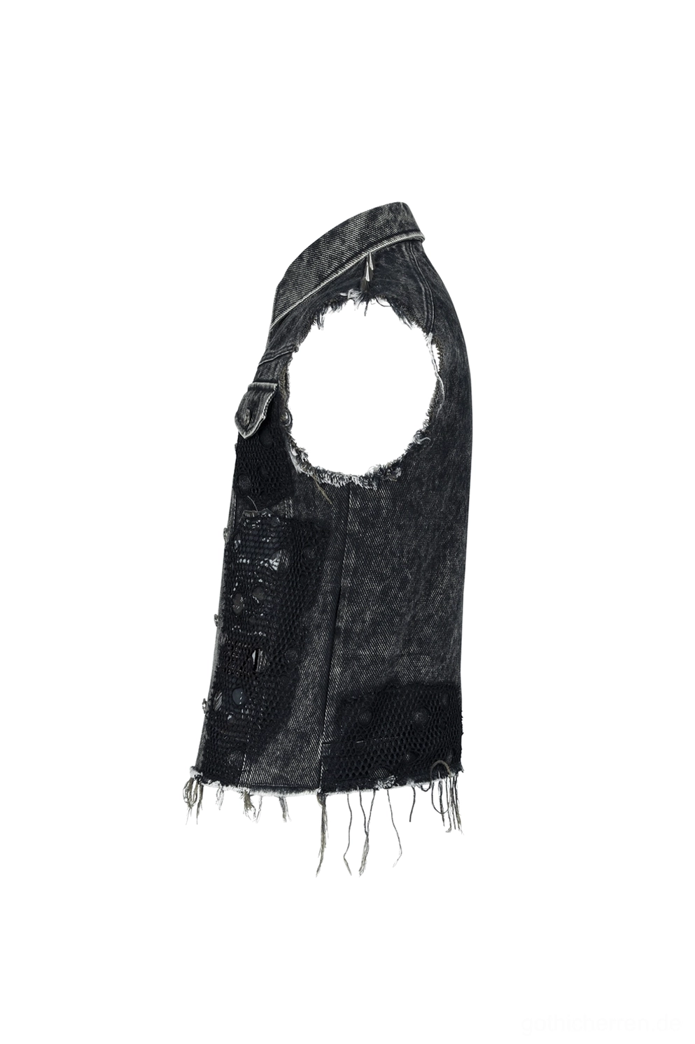 Schwarze Gothic Denim Weste Seitenpanel Detail - ausgefranster roher Armlochs-Saum und acid-gewaschenes Denim-Finish