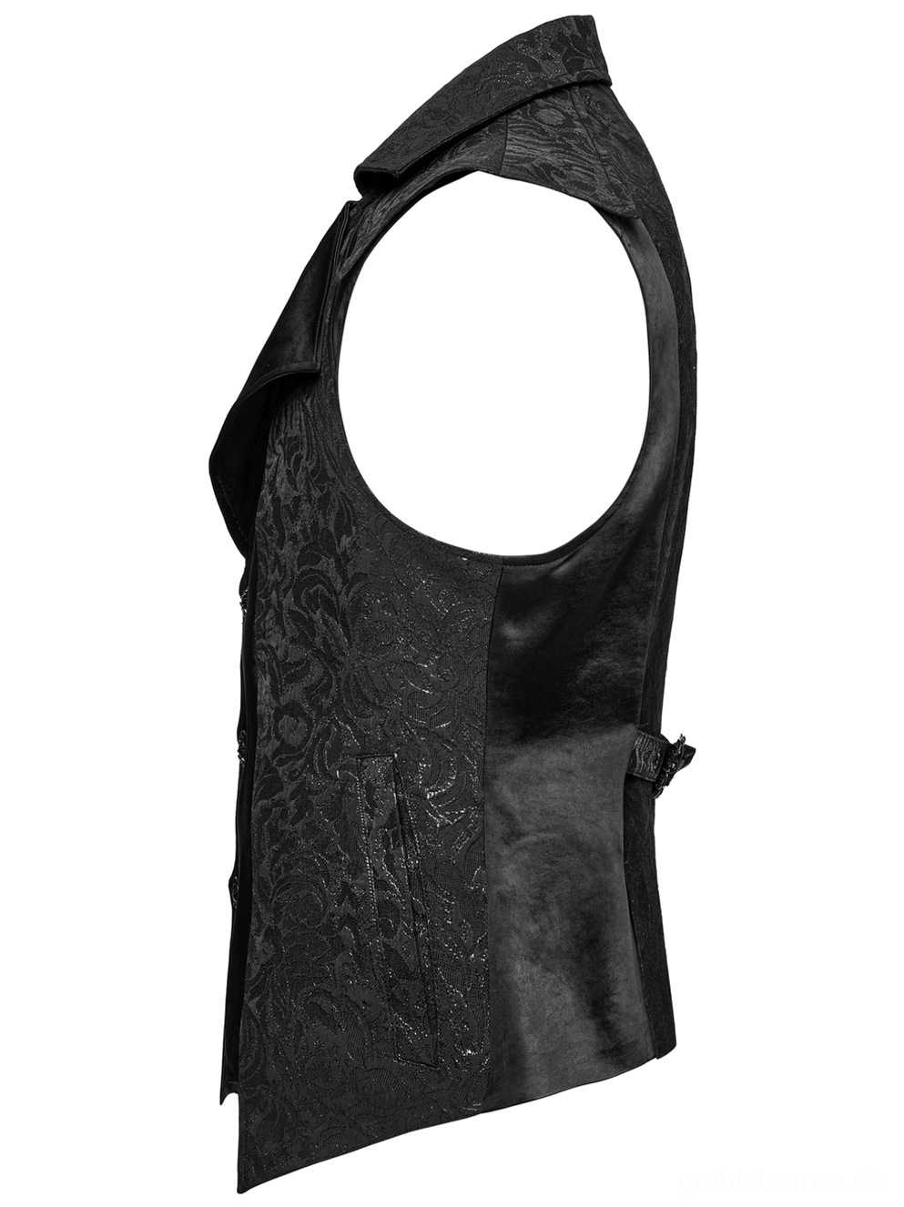 Schwarze Gothic Weste Seitenprofilansicht Flat-Lay mit Armausschnitt, Seitenschnaller, gemischter Jacquard- und Seidentaffeta-Stoffmischung Detail