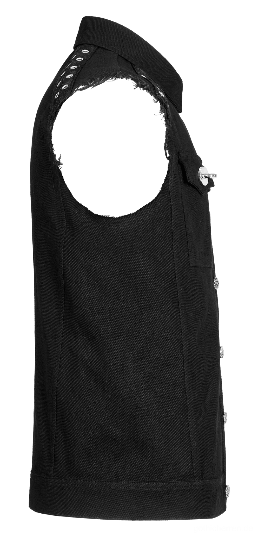 Seitenprofile-Flat-Lay der schwarzen Gothic Nieten-Weste zeigend rohe Armlochabschnitte, versteckte Seitenschnöre und elegante Silhouette