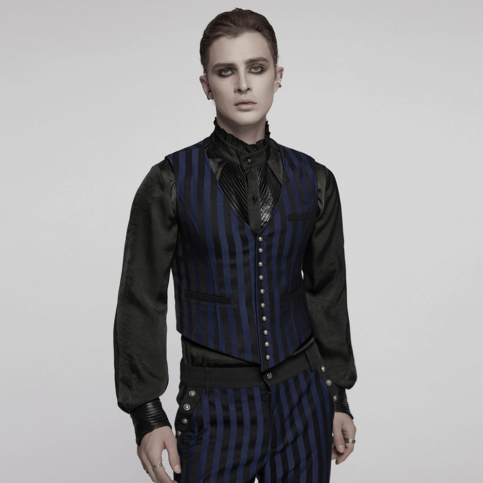 Schwarze Marine-striped gothic Weste kombiniert mit formales schwarzes Hemd – alternative Fashion Styling-Beispiel