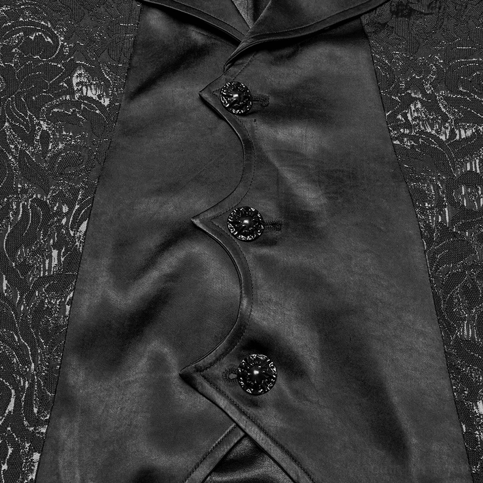 Nahaufnahme Schwarze Gothic Jacquard Weste Vorderverschluss mit ornamentalen Zierknöpfen, geschwungener asymmetrischer Schnitt, Jacquard-Seidentaffeta-Stoffmischung