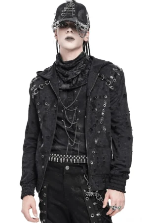 Schwarze Distressed Gothic Zip Hoodie mit Metallringen von vorne auf männlichem Modell, zeigt Pentagramm-Ösen und industrielle Ästhetik mit Wirbelsäulen-Rückenpanel-Design