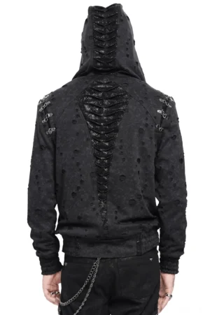 Schwarze Distressed Gothic Zip Hoodie Rückansicht auf Schaufensterpuppe mit prominentem Wirbelsäulen-Panel und Metallschulterkniffen, zeigt anatomisches Memento-Mori-Design