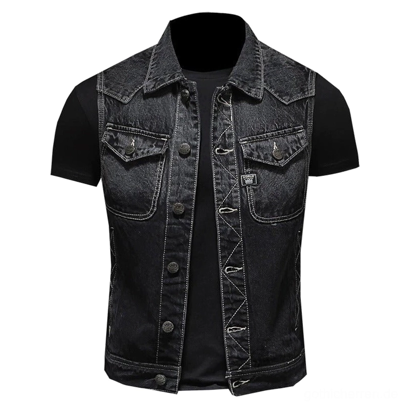 Schwarze gotische Denim-Weste für Herren mit dualen Brusttaschen und spitzem Kragen, Vorderansicht Flachansicht auf Schaufensterpuppe