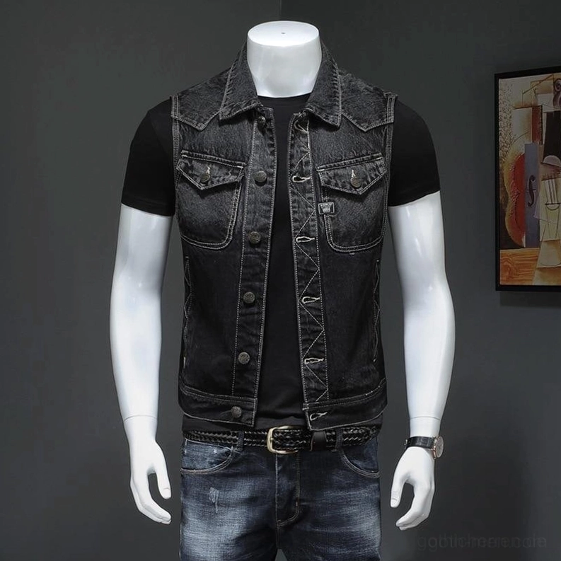 Herren-Schwarze gotische Denim-Bikerweste Vollansicht von vorne getragen mit schwarzem T-Shirt und passendem Ledergürtel-Accessoire