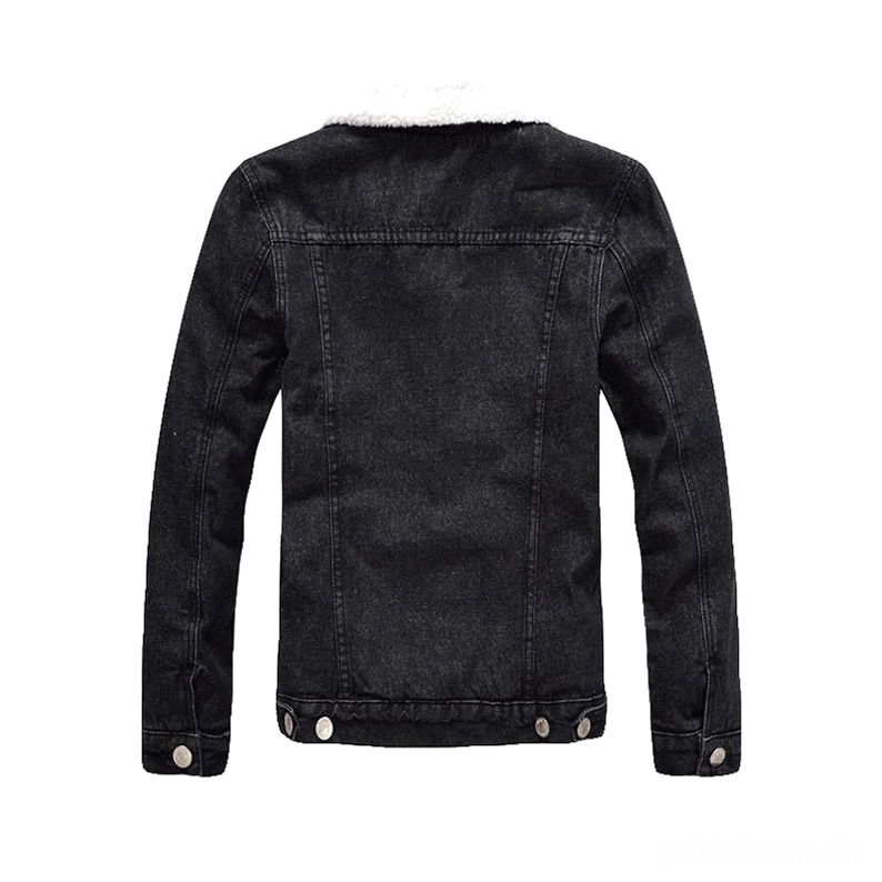 Schwarze gotische Denim-Jacke Rückansicht mit Rückenyoke-Design und verstellbaren Druckknopfverschlüssen am Saum, minimalistische Goth-Stil Winter Statement