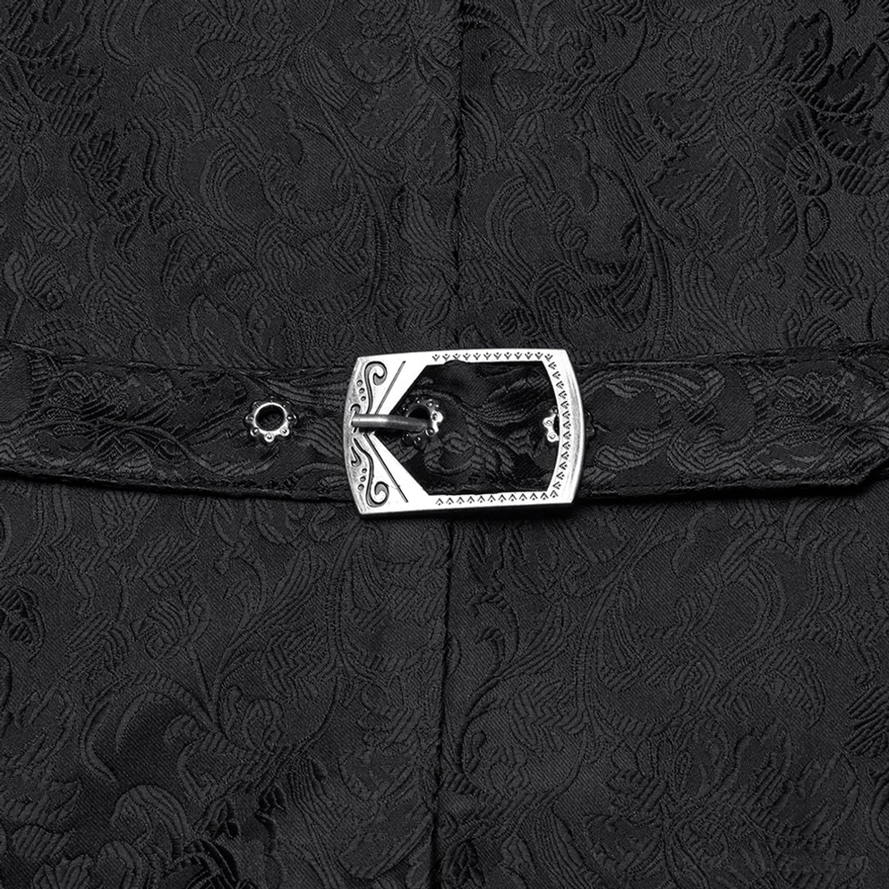 Schwarze gotische Herren-Weste mit hochwertigem Jacquard-Gewebe und Plissee-Konstruktion – Materialdetail und Verarbeitungsqualität Nahaufnahme
