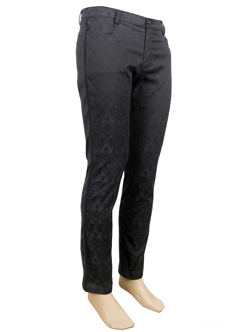 Dreiviertelseitenwinkel schwarze gotische Röhrenhose auf Schaufensterpuppe, zeigt schmale Passform Schnitt und strukturierte Silhouette, elegante Herrenhohe