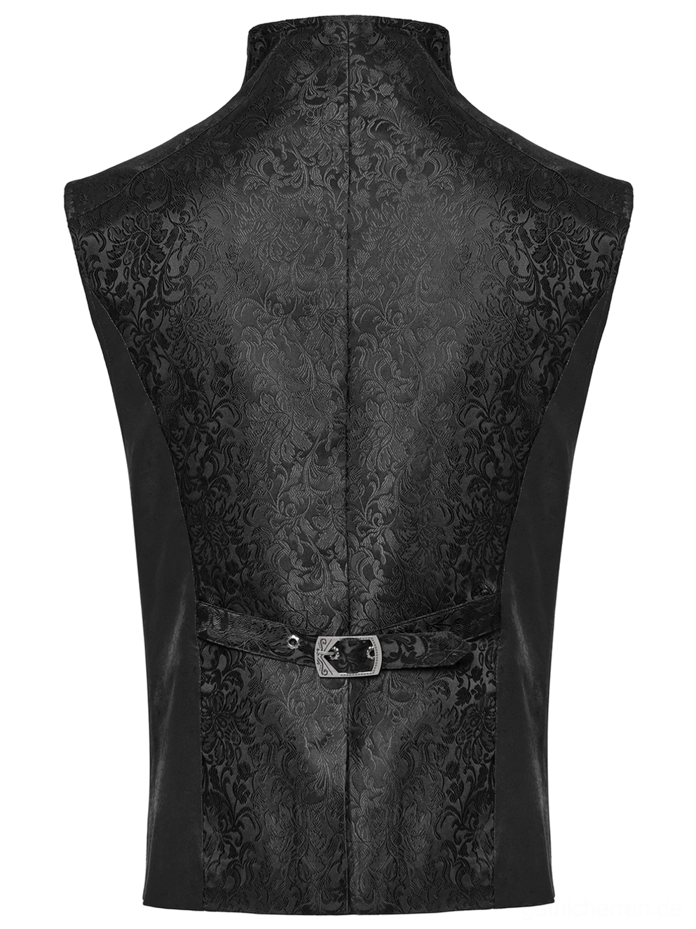 Schwarze gotische Jacquard-Weste mit Ziernieten-Rückengurt und texturiertem Stoff – Rückenansicht Flachaufnahme auf weißem Hintergrund