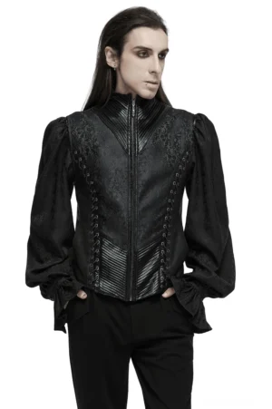 Schwarze gotische Jacquard-Weste mit ornamentaler Seitenschnürung – Vorderansicht auf Modell mit Stand-Kragen und metallischen Ösen