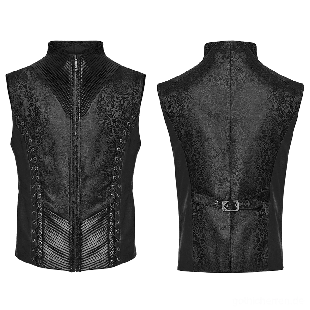 Schwarze gotische Jacquard-Weste mit Stand-Kragen und Plissee-Untersektionen – Vorder- und Rückansicht Flachaufnahme auf weißem Hintergrund