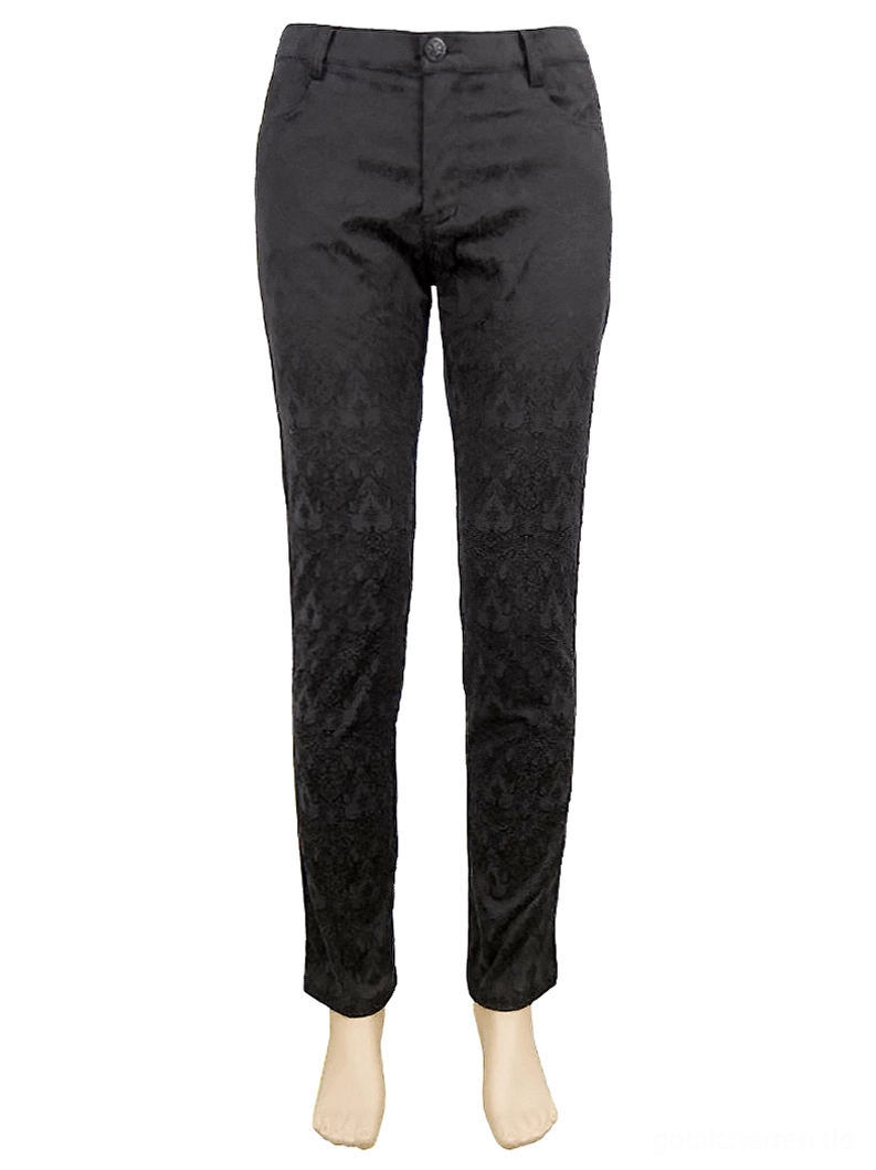 Schwarze gotische Röhrenhose auf Display-Schaufensterpuppe Frontansicht, zeigt Knopfverschluss Taillenband und Seitentaschen, elegante Herren Alternative Fashion Styling