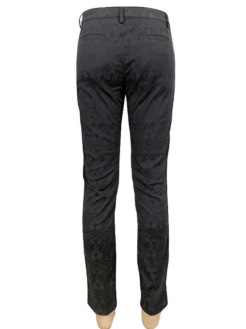 Rückansicht schwarze gotische Röhrenhose auf Mannequin, zeigt dunkles Jacquard-Muster und Rückentasche Design, Alternative Herrenmode Hohe Detail