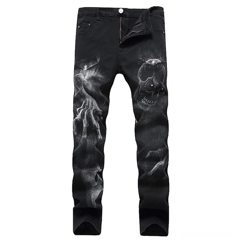 Schwarze gotische Totenkopf-Geisterhand-Denim-Jeans für Herren mit 3D-Druckdetails Frontansicht Flachlage
