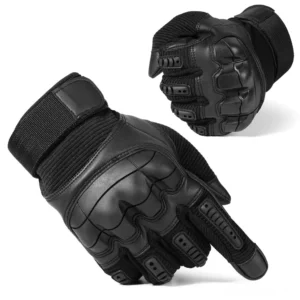 Schwarze taktische Hartknöchel-Kampfhandschuhe mit Vollfingerdesign, verstärkter PU-Leder-Knöchelrüstung und verstellbarem Klettverschluss-Handgelenksgurt für gothic-taktischen Stil