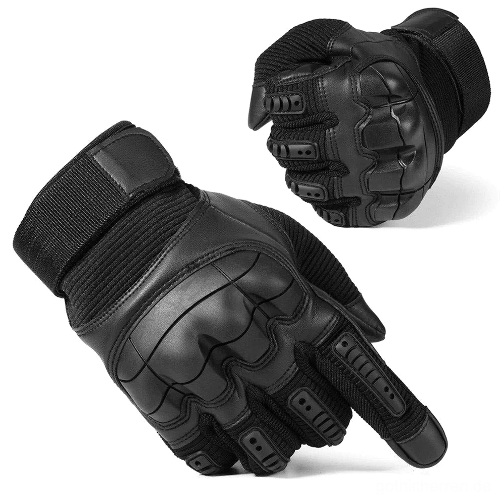 Schwarze taktische Hartknöchel-Kampfhandschuhe mit Vollfingerdesign, verstärkter PU-Leder-Knöchelrüstung und verstellbarem Klettverschluss-Handgelenksgurt für gothic-taktischen Stil