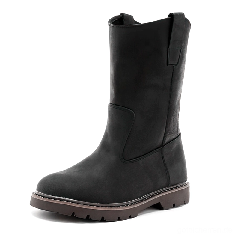Schwarze Herren Gothic Buckle Stiefel mit Echtleder Mid-Calf Schnallen-Design Frontansicht Rock Style Leder