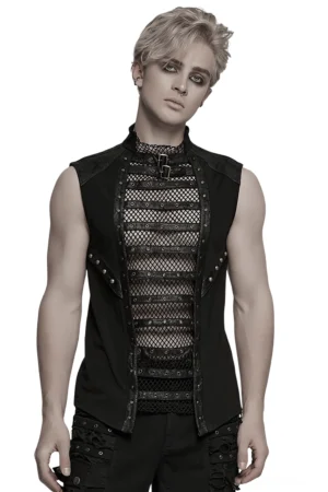 Schwarze Industrial-Mesh-Gothic-Weste mit dualen Schnallengurten und Nieten-Kunstlederkante, Frontansicht auf männlichem Model im Studio