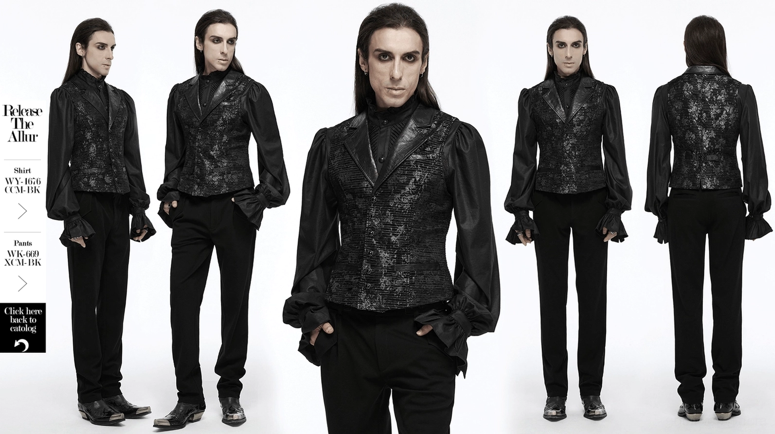 Ganzkörper-Alternative-Styling der schwarzen Gothic Anzugweste mit Plateau-Stiefeln und gotischen Accessoires, demonstriert Vielseitigkeit und Club-Ready Potential