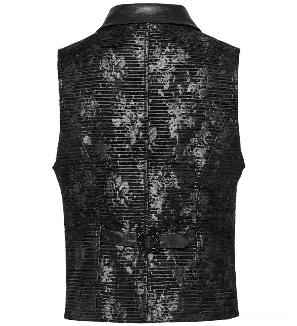 Rückseite Flachansicht der schwarzen Gothic Anzugweste, zeigt vollständiges florales Jacquard-Muster, tailierte Rückennähte und ornamentale Metallschnalle am verstellbaren Riemen