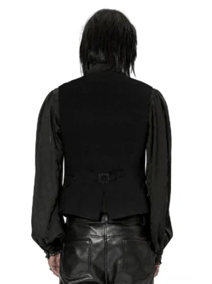 Gothic Jacquard Weste Rückansicht auf männlichem Model, zeigt verstellbaren Waist-Buckle Riemen und gespaltenen Rücksaum Design mit schwarzem Damast-Muster