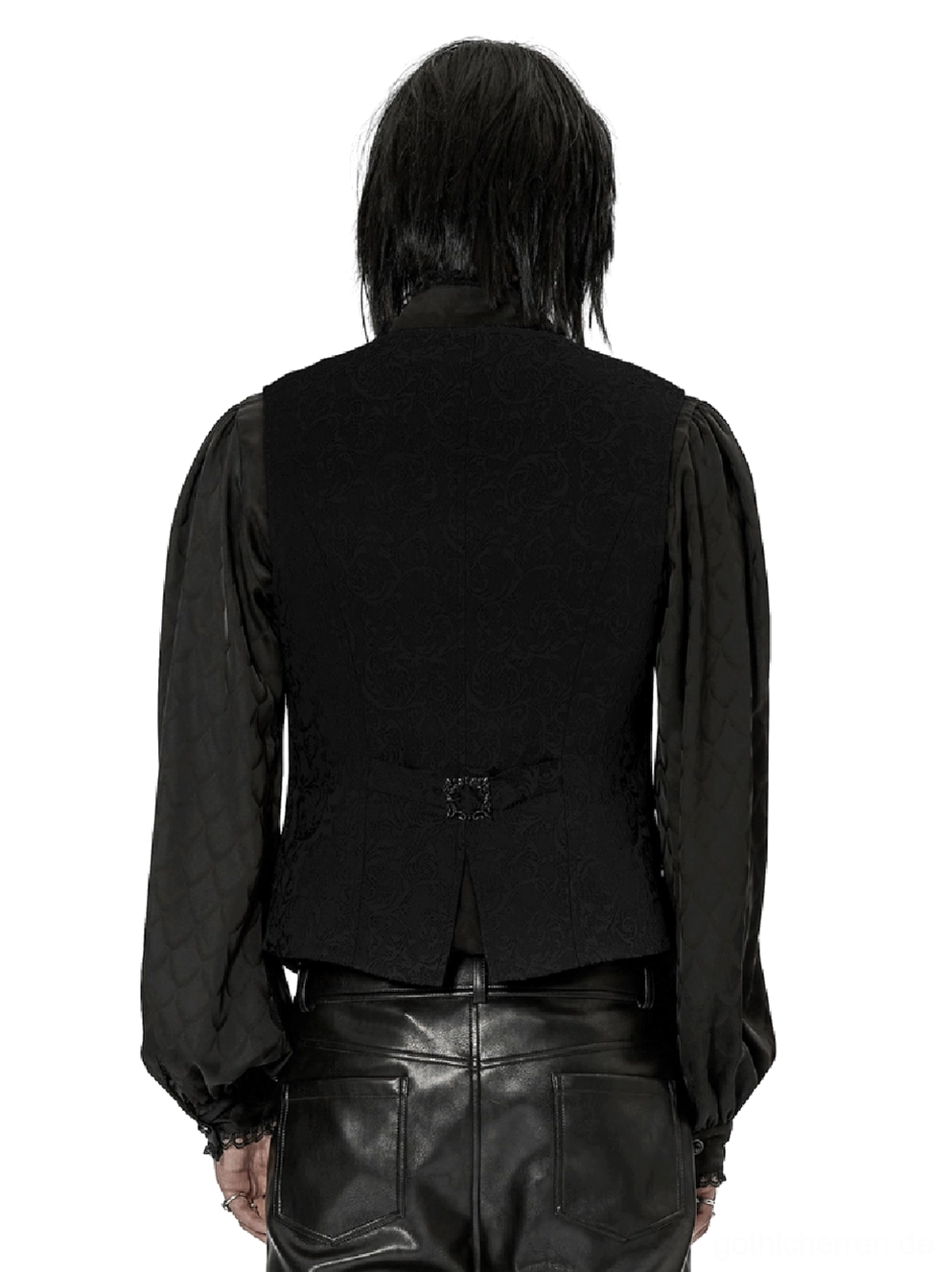 Gothic Jacquard Weste Rückansicht auf männlichem Model, zeigt verstellbaren Waist-Buckle Riemen und gespaltenen Rücksaum Design mit schwarzem Damast-Muster