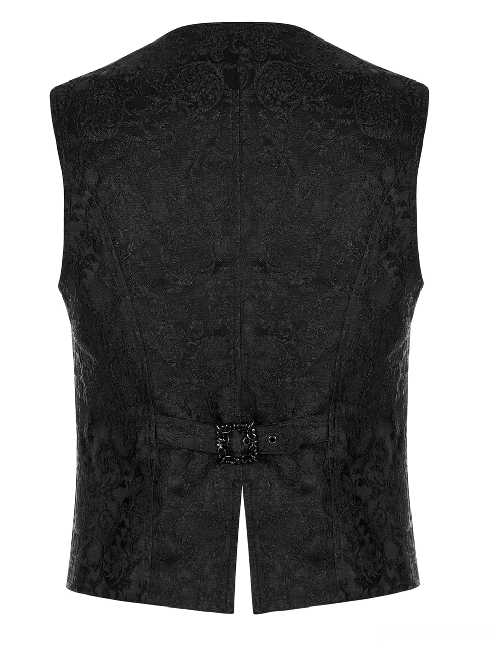 Schwarze Gothic Weste Rück-Flat Lay Ansicht, zeigt gespaltenen Rücksaum, verstellbaren Waist-Buckle und unelastischen strukturierten schwarzen Jacquard-Stoff