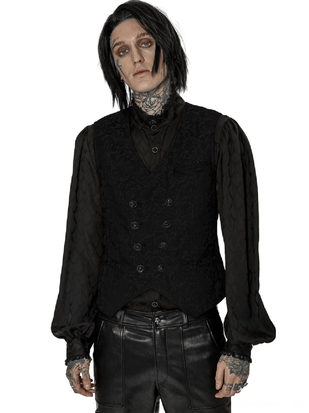Schwarze Jacquard Gothic Doppelreiher Weste von vorne, getragen von tätowiertem Model, zeigt doppelreihige Knöpfe und 3D-Webtextur des schwarzen Jacquard-Stoffs