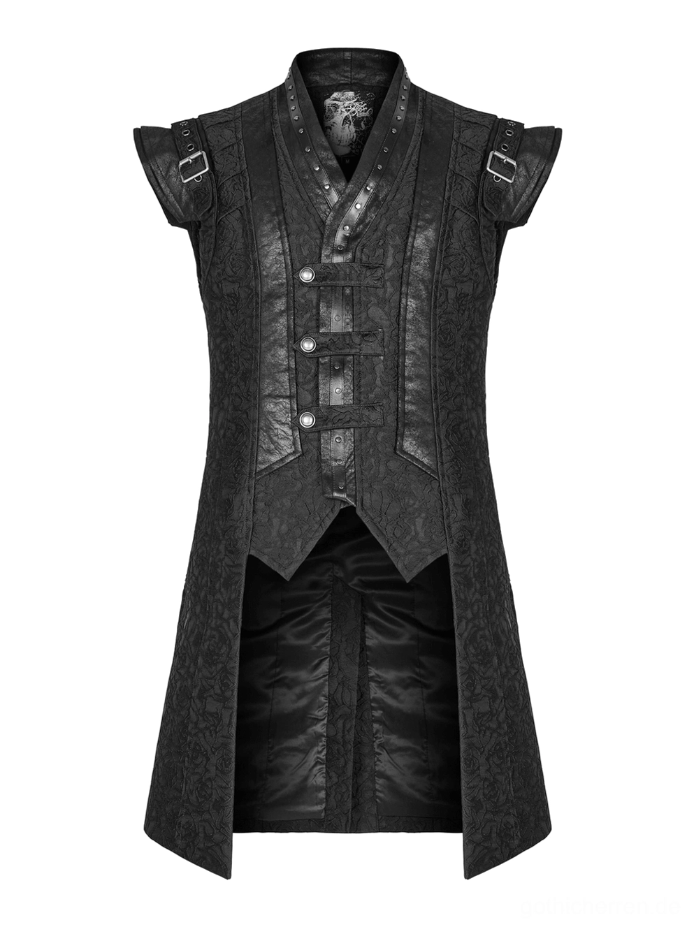 Schwarze Jacquard-Weste Vorderansicht Flachlage mit dekorativen Schulterriemen, Metallknöpfen und intricate Jacquard-Musterung