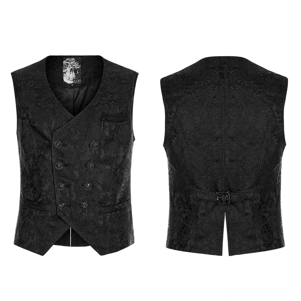 Schwarze Jacquard Gothic Weste Flat Lay von vorne und hinten, zeigt kettenverzierte Brusttaschen und tailorierte Konstruktion des doppelreihigen Designs