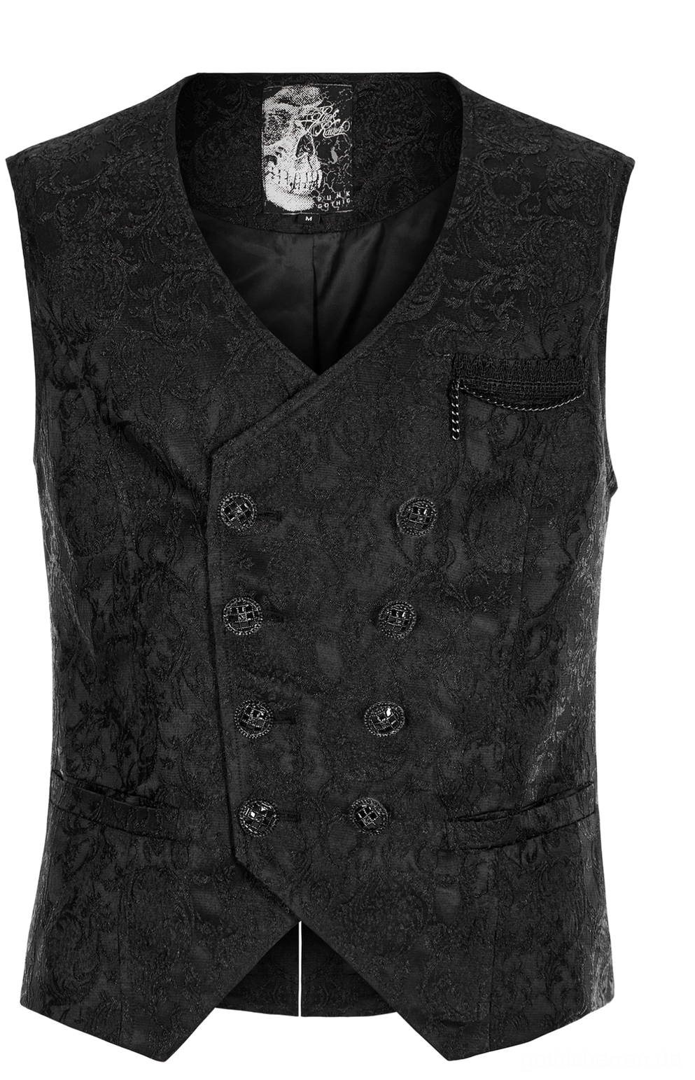 Schwarze Gothic Weste Flat Lay Vorderseite Close-up, zeigt doppelreihige handgenähte Knopfplatzierung und intricate Jacquard-Webtextur Nahaufnahme