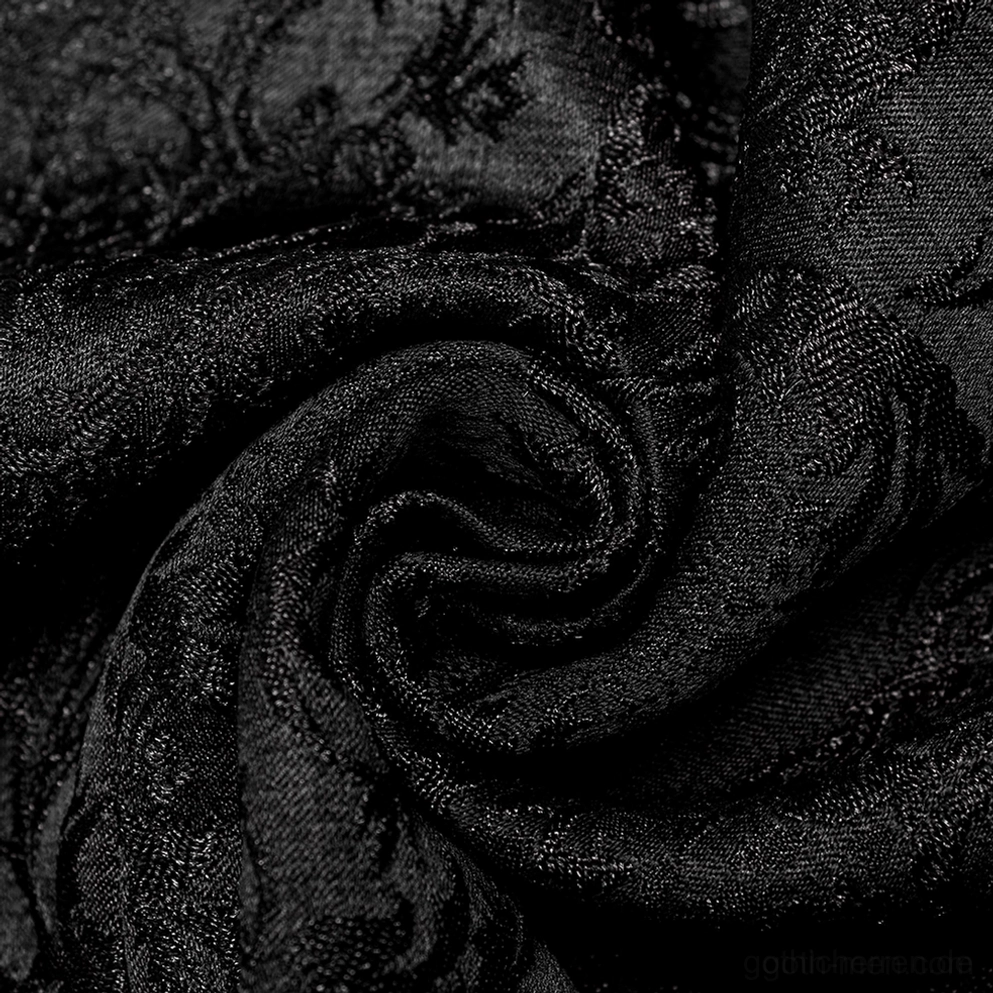 Handgenähte Metallknopf Detail auf schwarzer Gothic Jacquard Weste doppelreihige Vorderseite, zeigt Knopfplatzierung und Jacquard-Stoff Hintergrund